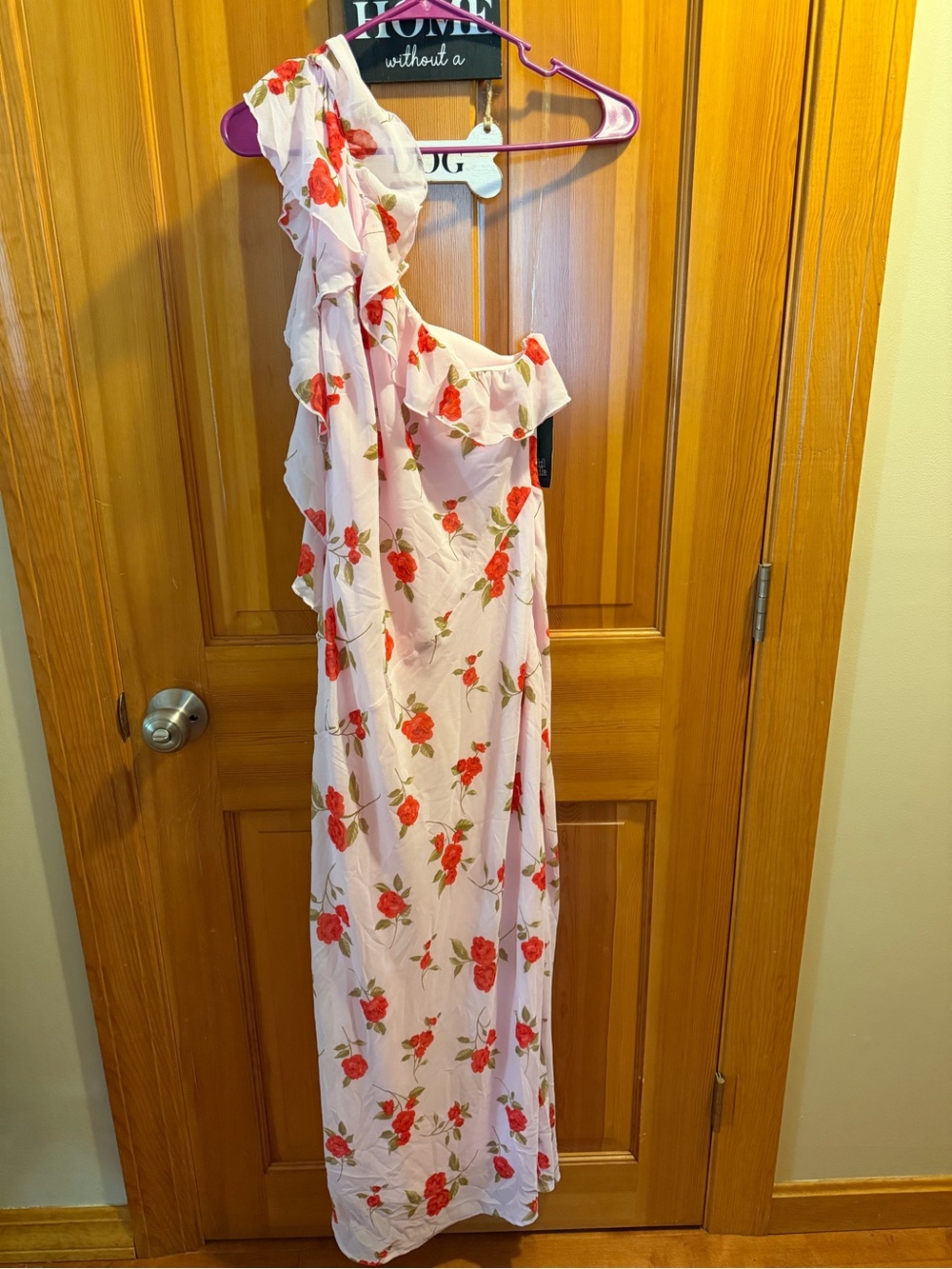 Pink One-Shoulder Floral Maxi Dress with Red Roses